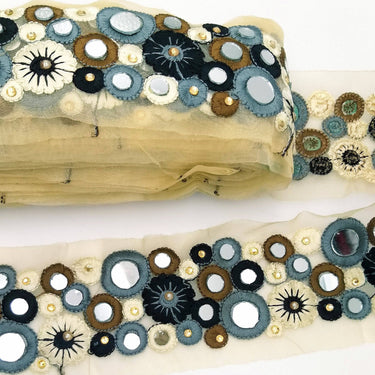 Gold Sheer Tissue Fabric Trim With Grey And Black Circles and Floral Embroidery With Mirror Embellishments, Indian Mirrored Trim